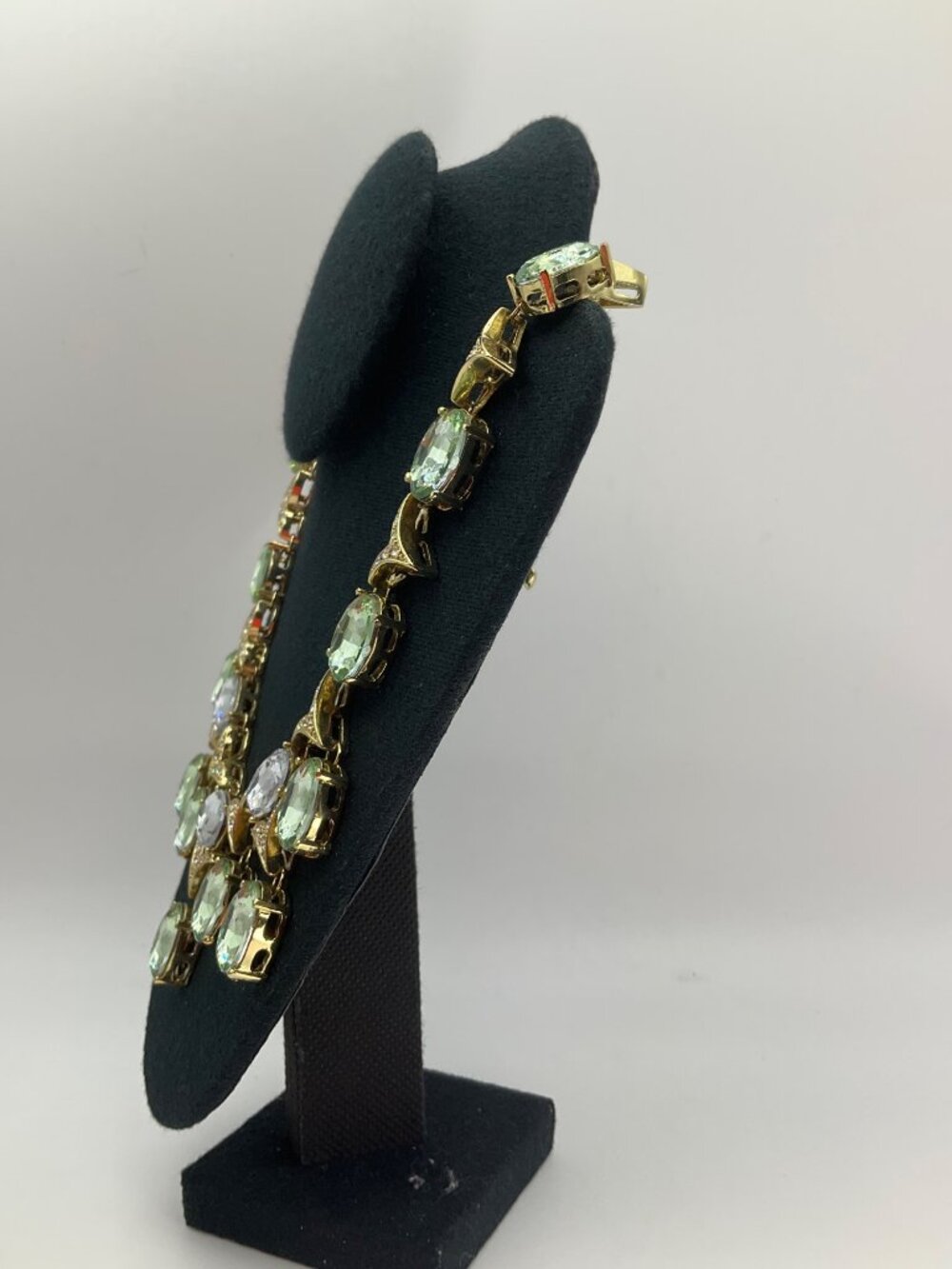 Vintage 60's Arnold Scaasi Cn Signed Gold-Tone Necklace Green Clear Crystals Adj - Picture 4 of 11